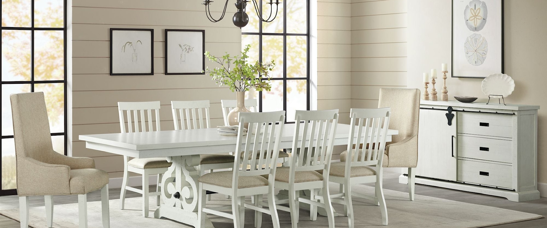 Stone 10Pc Dining Set In White-Table, Six Side Chairs, Two Parson Chairs & Server