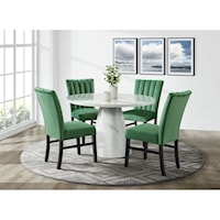 Contemporary 5-Piece Round Dining Set with Emerald Velvet Side Chairs