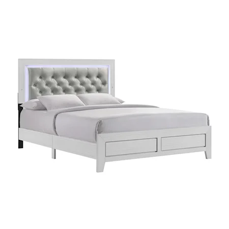 Glam Queen Panel Bed with Upholstered Headboard and LED Lights