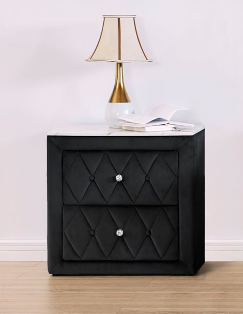 Glam Upholstered 2-Drawer Nightstand with Button Tufting and Crystal Knobs