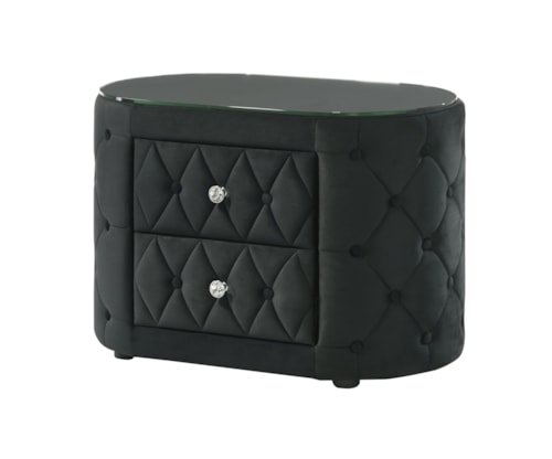 Glam Upholstered 2-Drawer Nightstand with Glass Top and Button-Tufting