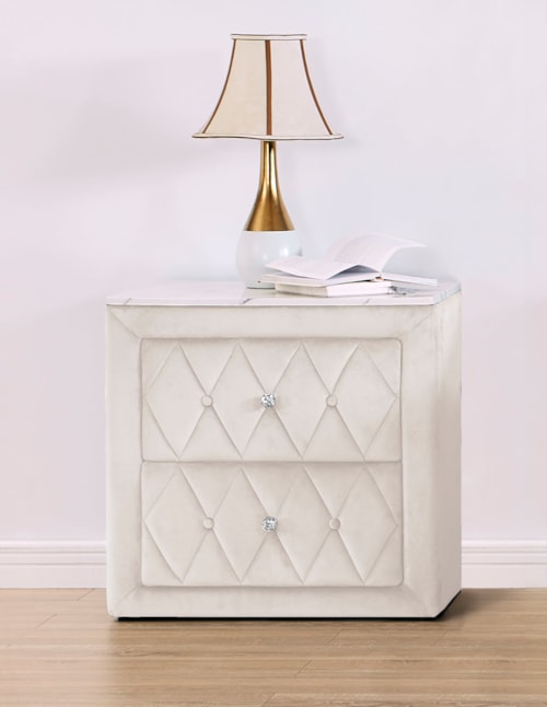Glam Upholstered 2-Drawer Nightstand with Button Tufting and Crystal Knobs