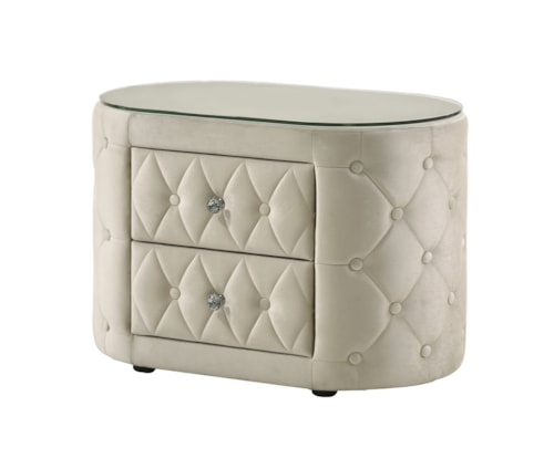 Glam Upholstered 2-Drawer Nightstand with Glass Top and Button-Tufting