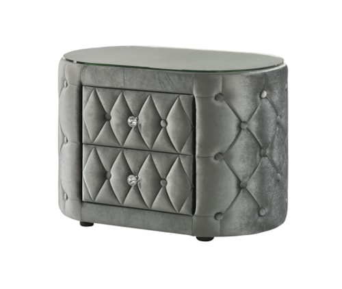 Glam Upholstered 2-Drawer Nightstand with Glass Top and Button-Tufting