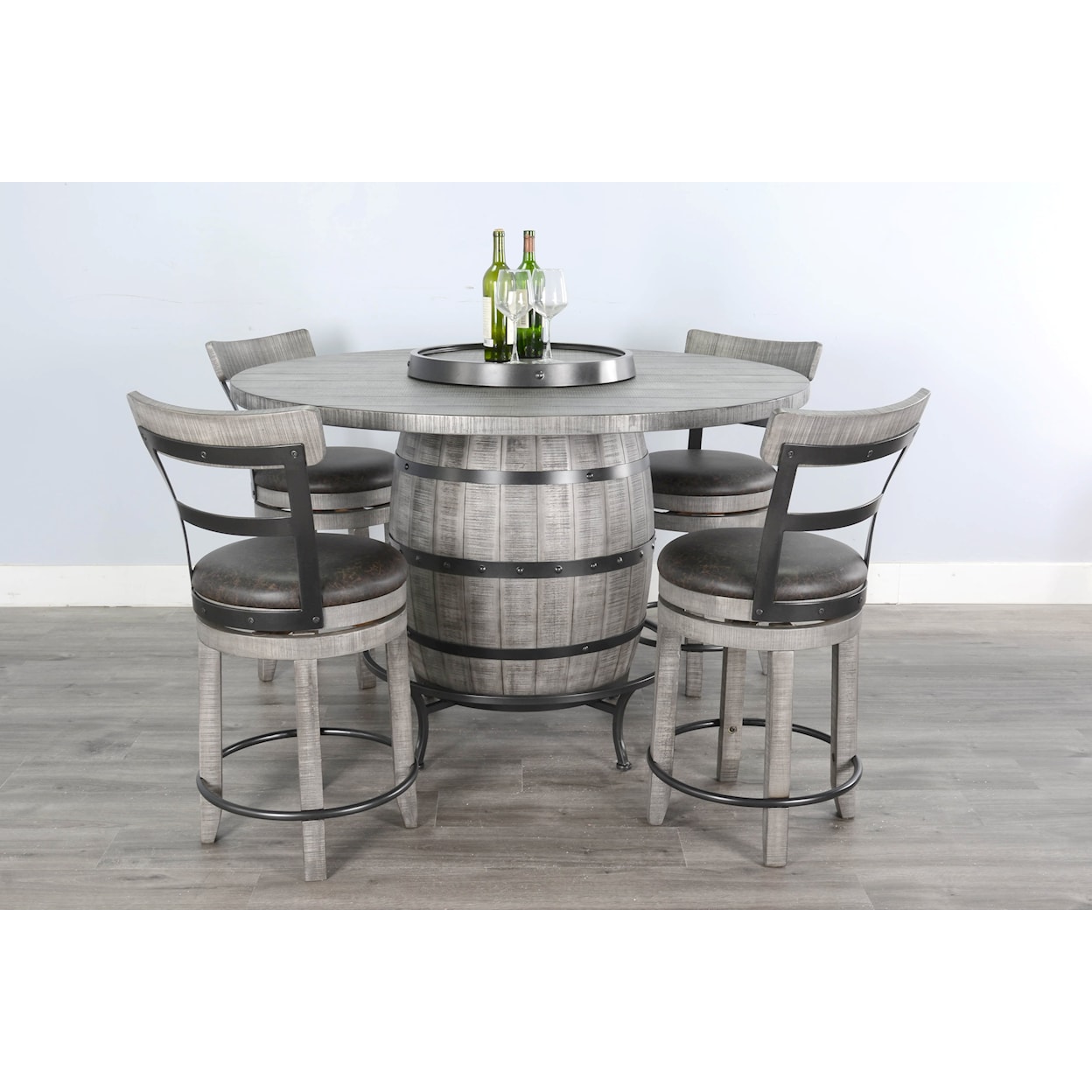Sunny Designs Alpine Grey Round Pub Table with Wine Barrel Base