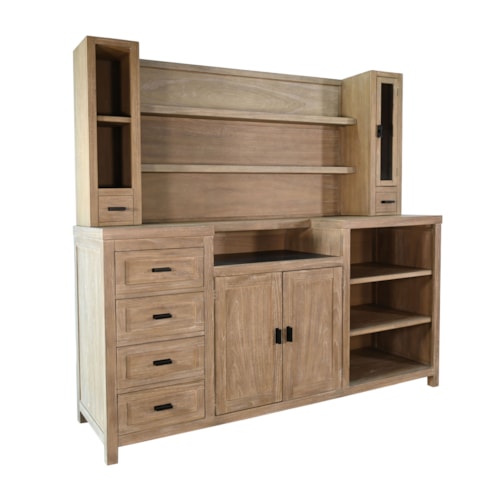Rustic Wood Buffet Hutch With Open Shelves, Drawers, And Cabinets