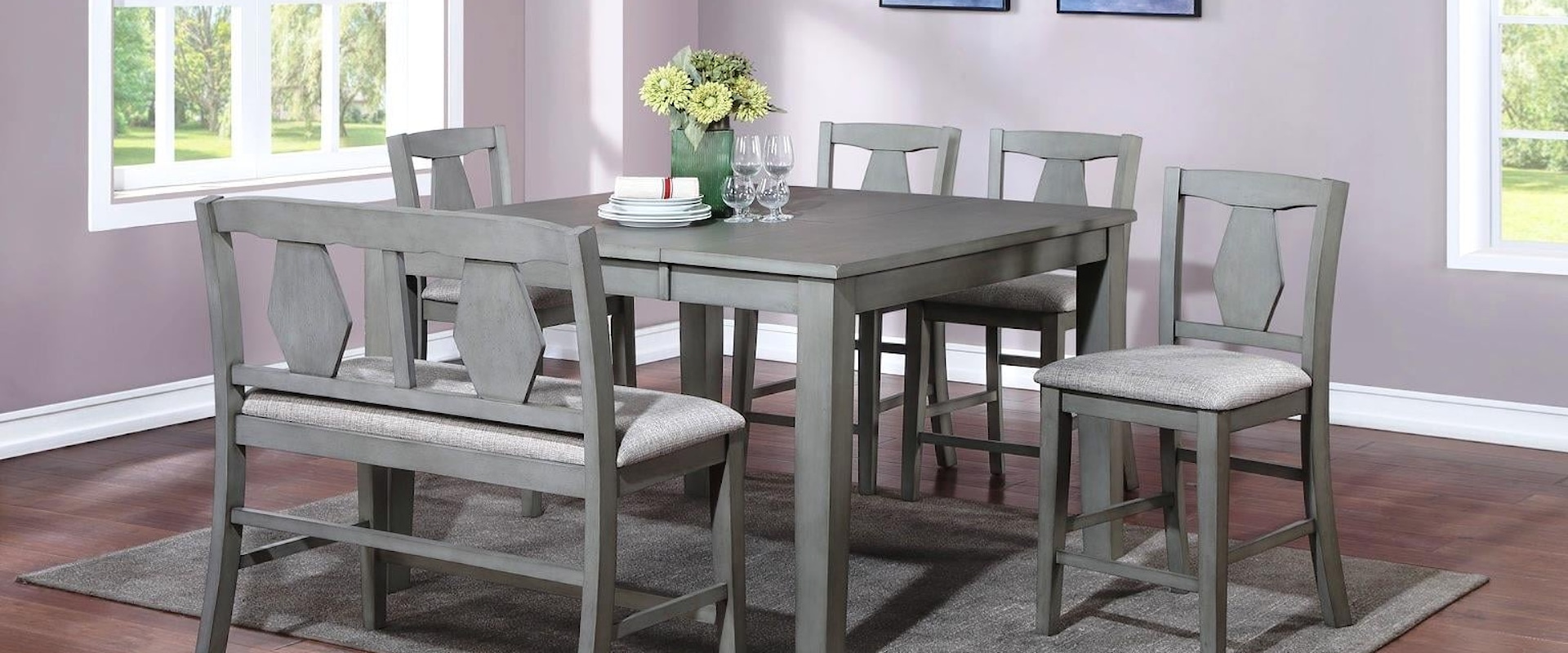 Farmhouse 7-Piece Counter Height Dining Set with Upholstered Chairs