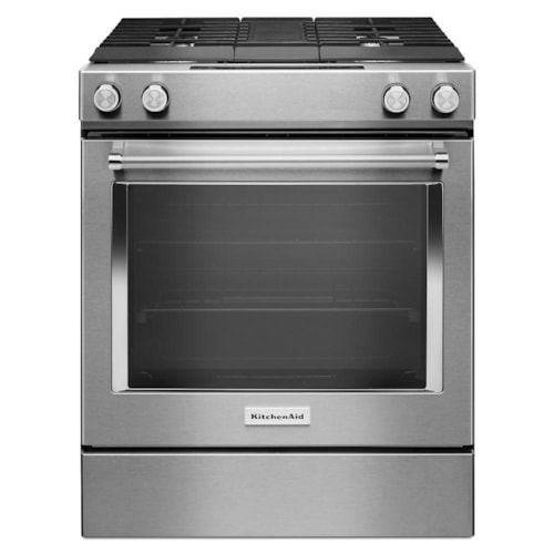KitchenAid 30-Inch 4-Burner Dual Fuel Downdraft Slide-In Range
