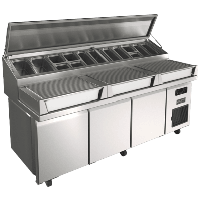 3 Door Refrigerated Prep-Table + 88" Cold Wall Sealed Condiment Rail