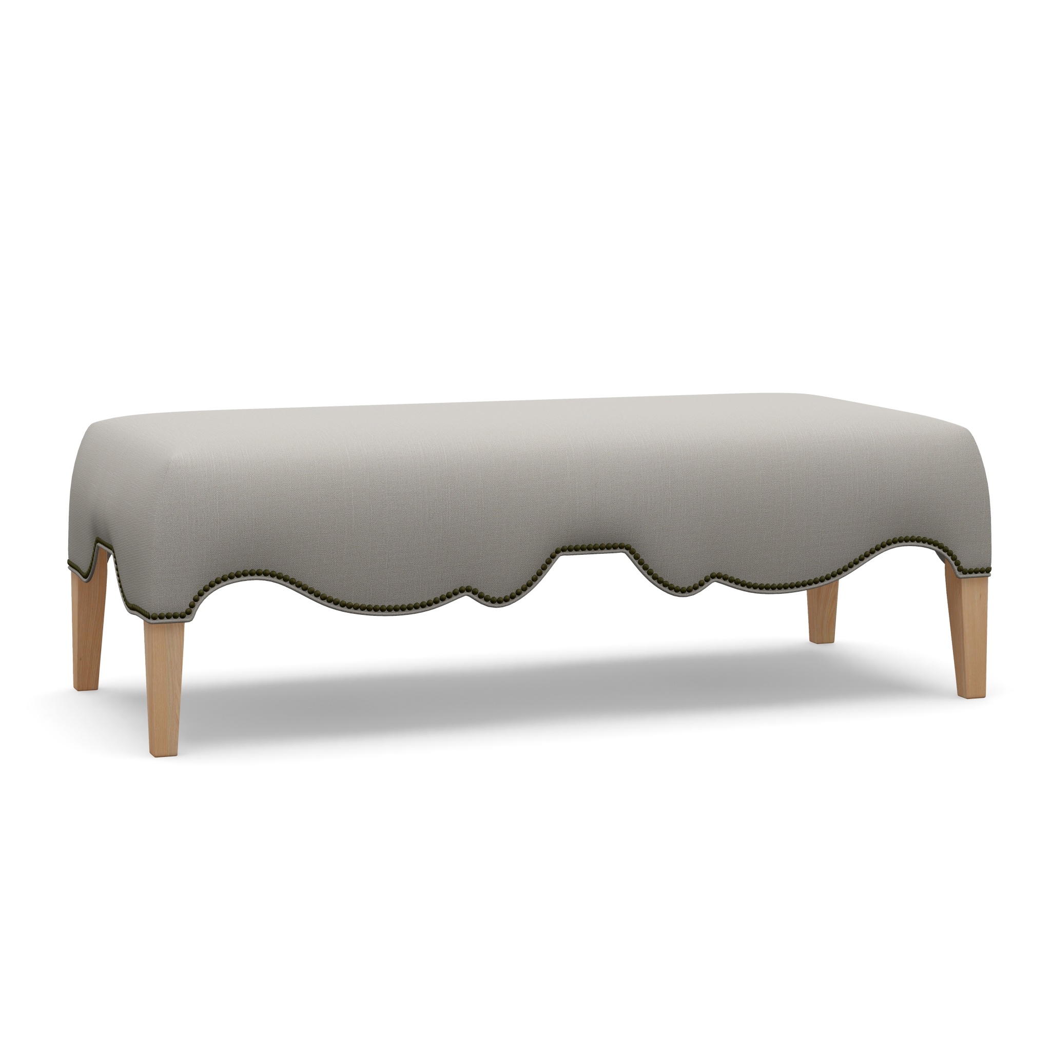 Transitional Custom Upholstered Ottoman with Scalloped Edge Border