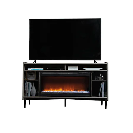 Mid-Century Modern Fireplace Entertainment Console Credenza with Glass Doors