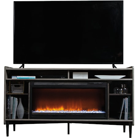 Mid-Century Modern Fireplace Entertainment Console Credenza with Glass Doors