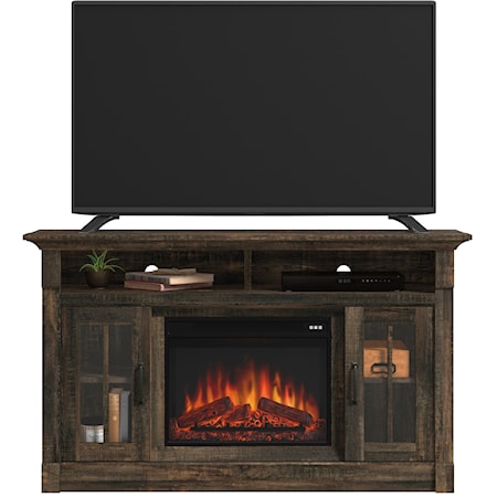 Rustic Fireplace TV Credenza with Open Shelf Storage