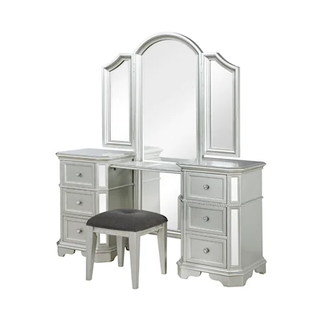 Traditional Arched Tri-Fold Mirror Vanity Desk Set  with Upholstered Accent Stool