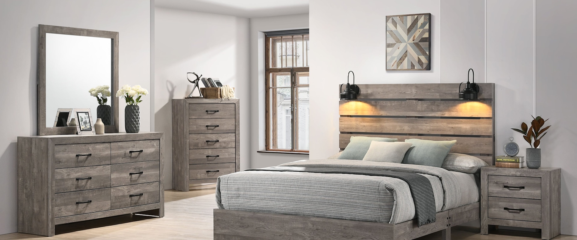 Contemporary 6 Piece Queen Bedroom Set with Dresser, Mirror and Nightstand