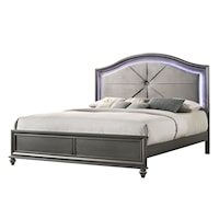 Metallic Grey Upholstered Glam Bed with Built-in Lighting - King
