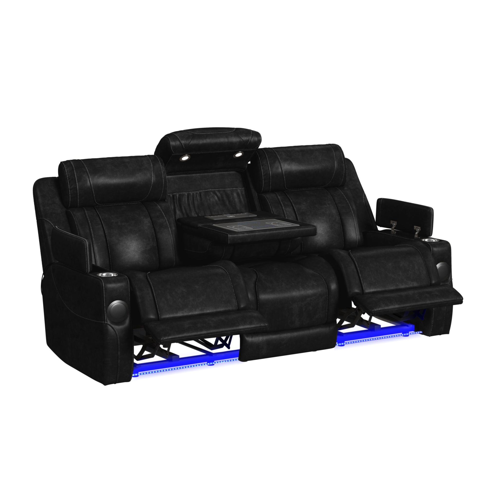 Phantom P3 Sofa With I Table, Reading Light, Heat, Massage, Led And Speaker In Leather Gel Black