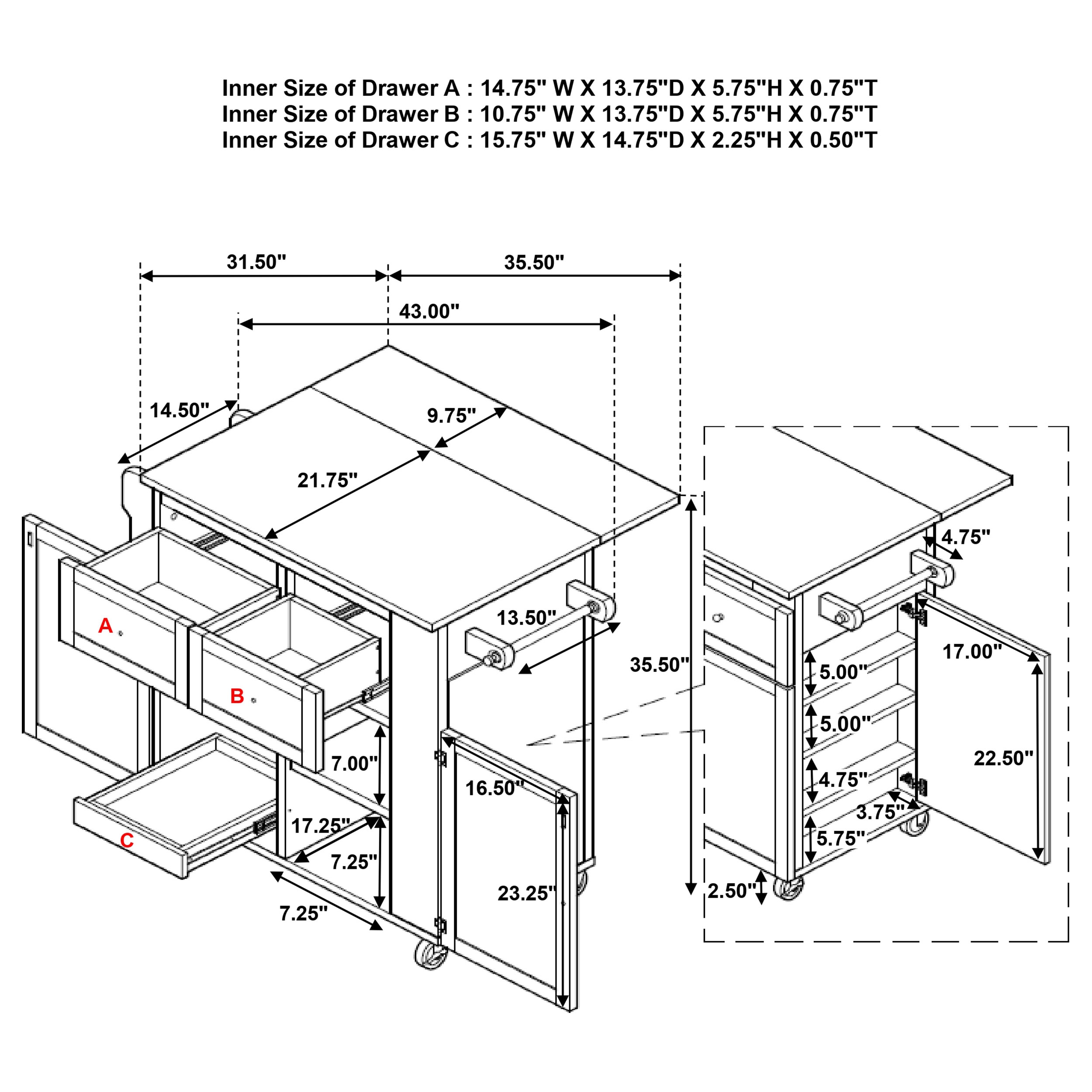Jalen 3-door Mobile Kitchen Cart