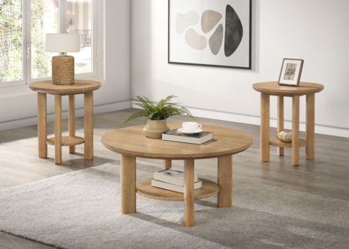Ottowa 3-Piece Round Wood Coffee Table Set Light Oak