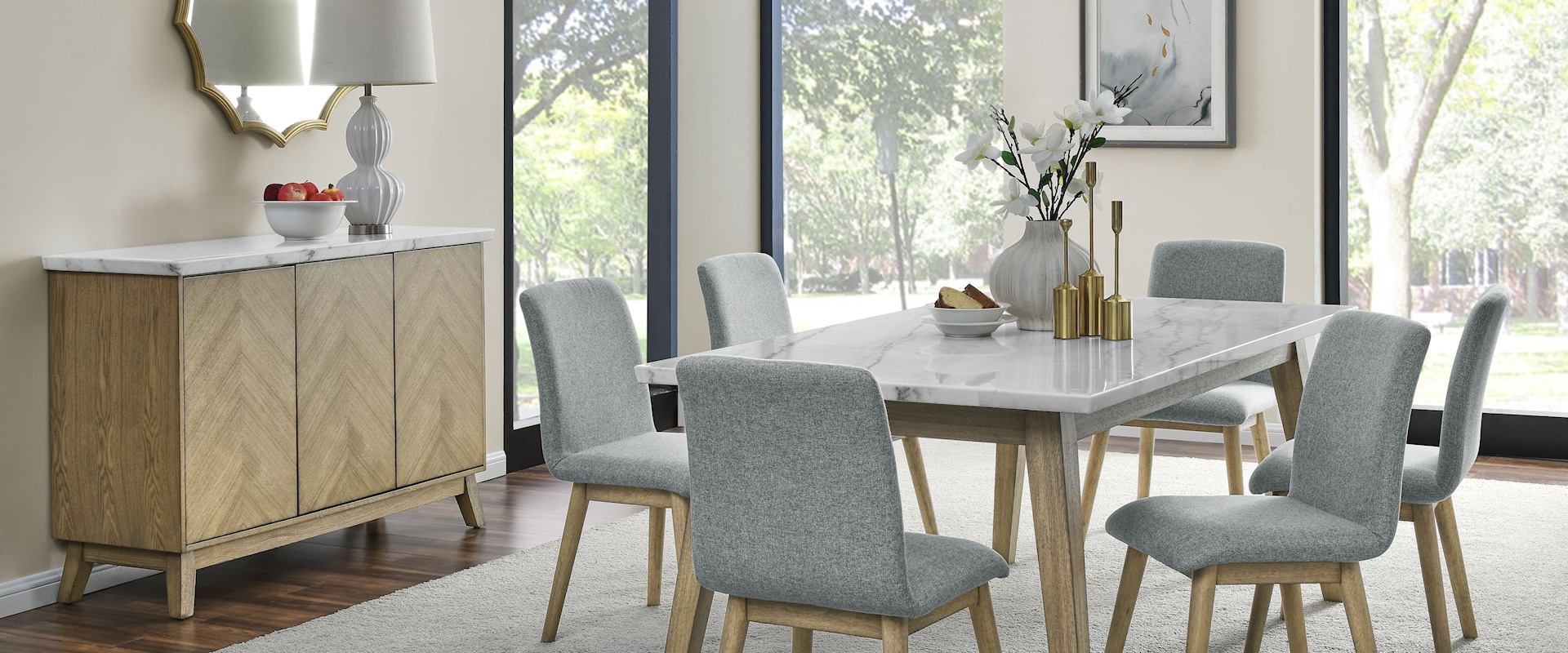 Vida 7-Piece Dining Set with Marble Top Dining Table and Dining Side Chairs
