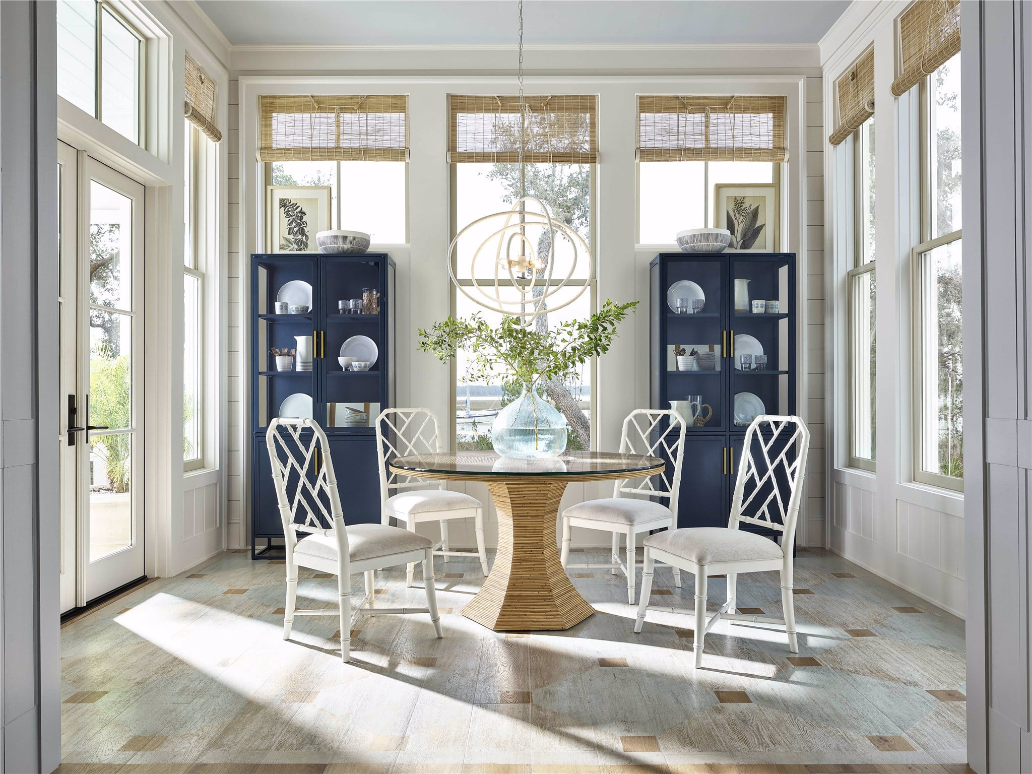 White dining table discount with navy chairs