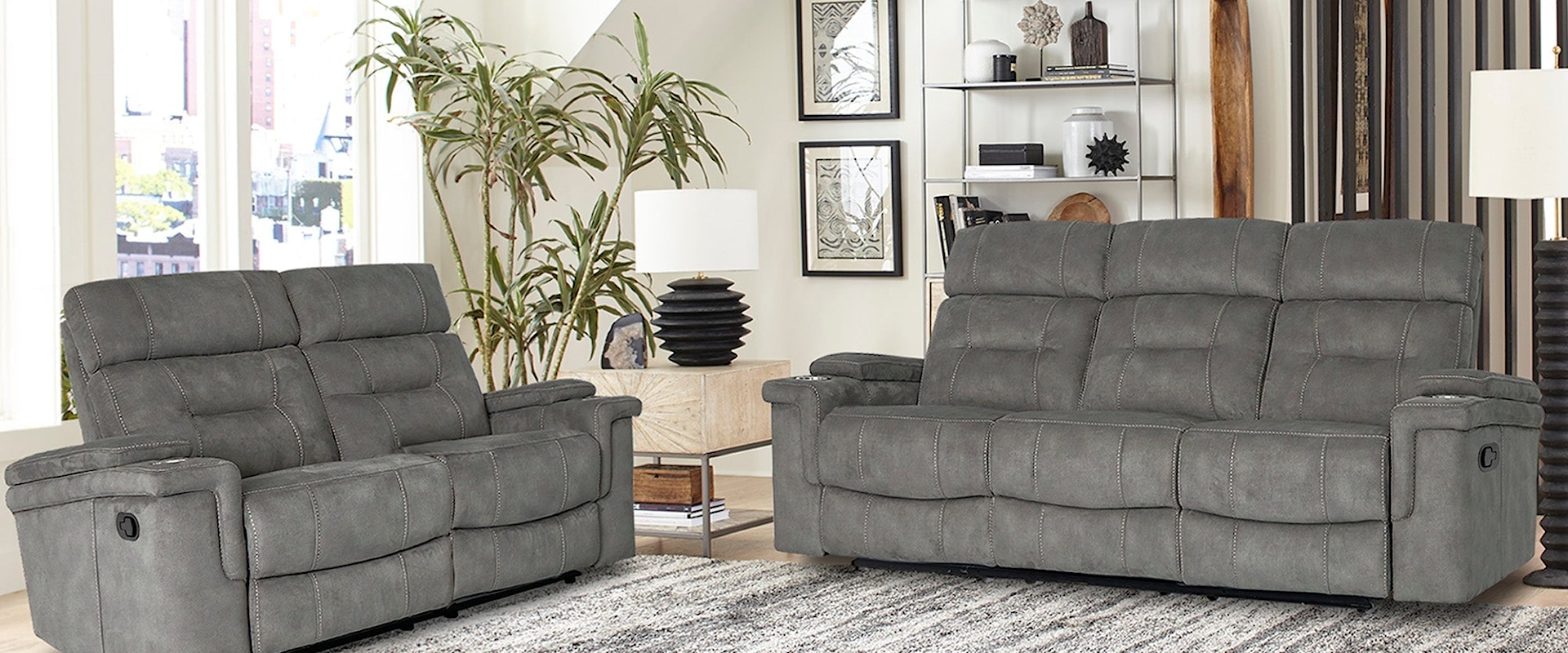 Casual Manual Reclining Sofa and Loveseat Set