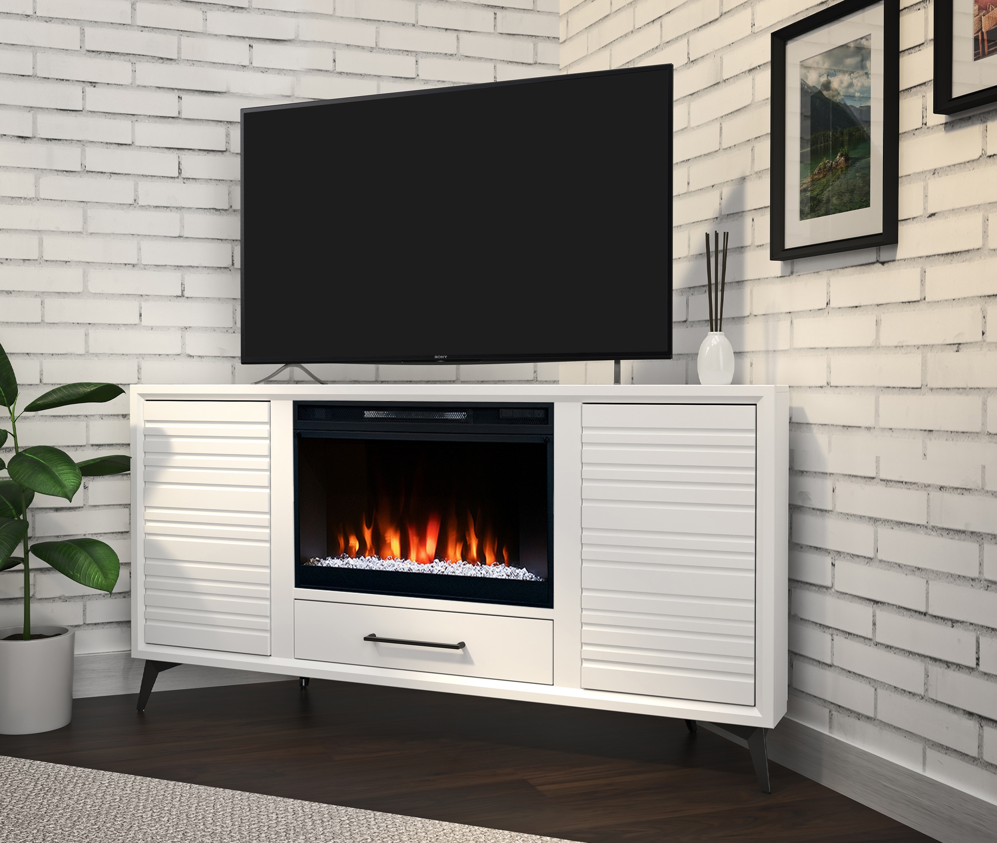 64" 2-Door Corner Fireplace TV Stand