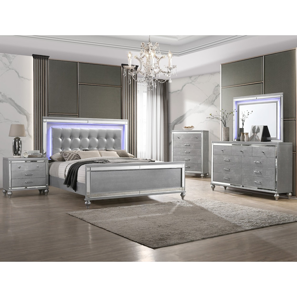 New Classic Valentino Queen Bed, Dresser, Mirror, Chest