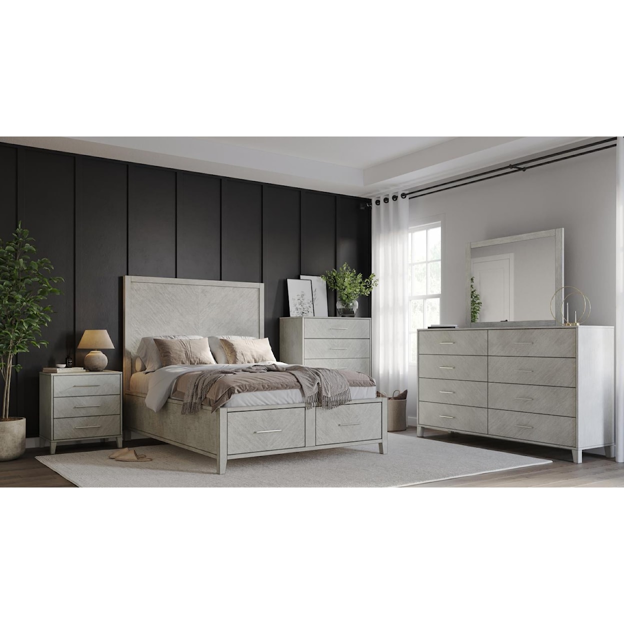 Jofran Eloquence Queen Bed, Dresser, Mirror, Chest