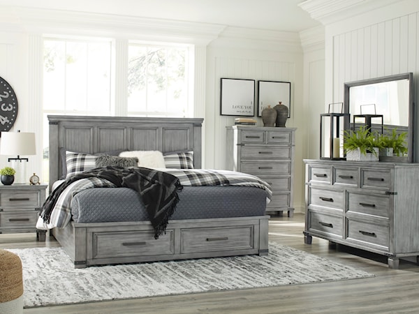 King Storage Bed, Dresser, Mirror, Chest