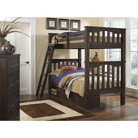 Highlands Harper Wood Twin Over Twin Bunk with Storage Unit and Hanging Nightstand
