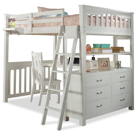 Highlands Wood Full Loft Bed with Desk, Chair, and Hanging Nightstand