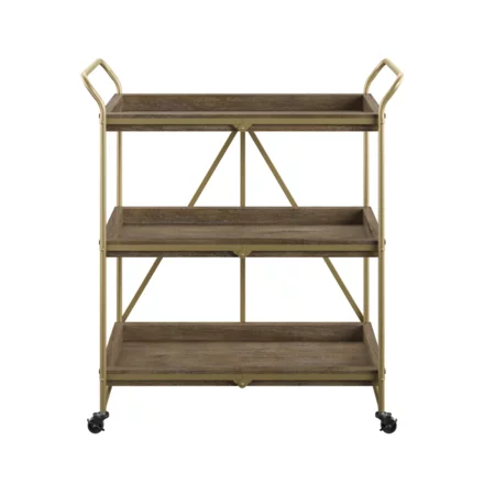 Transitional Wood Folding Bar Cart with Gold Metal Frame