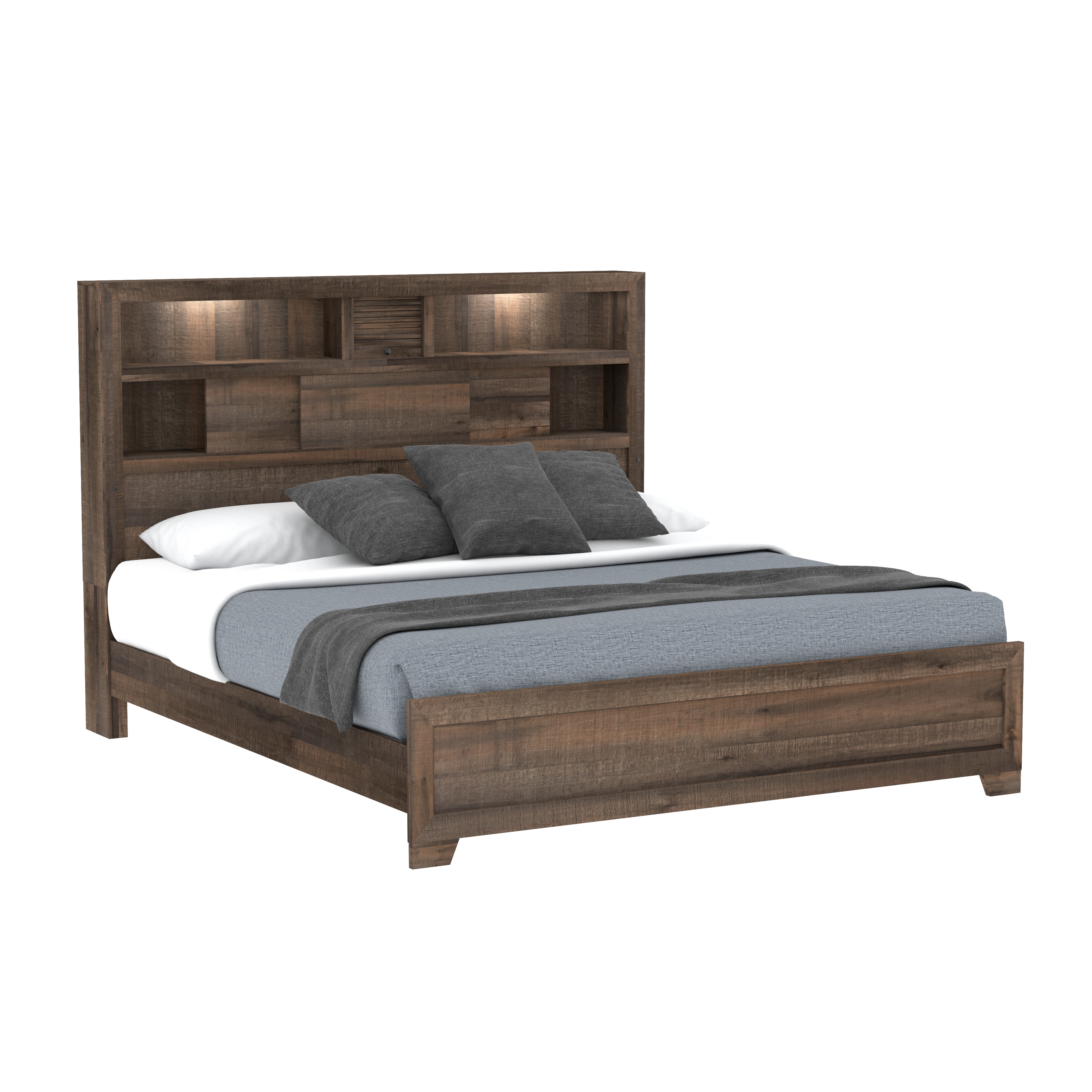 Rustic King Bed with Bookcase Headboard