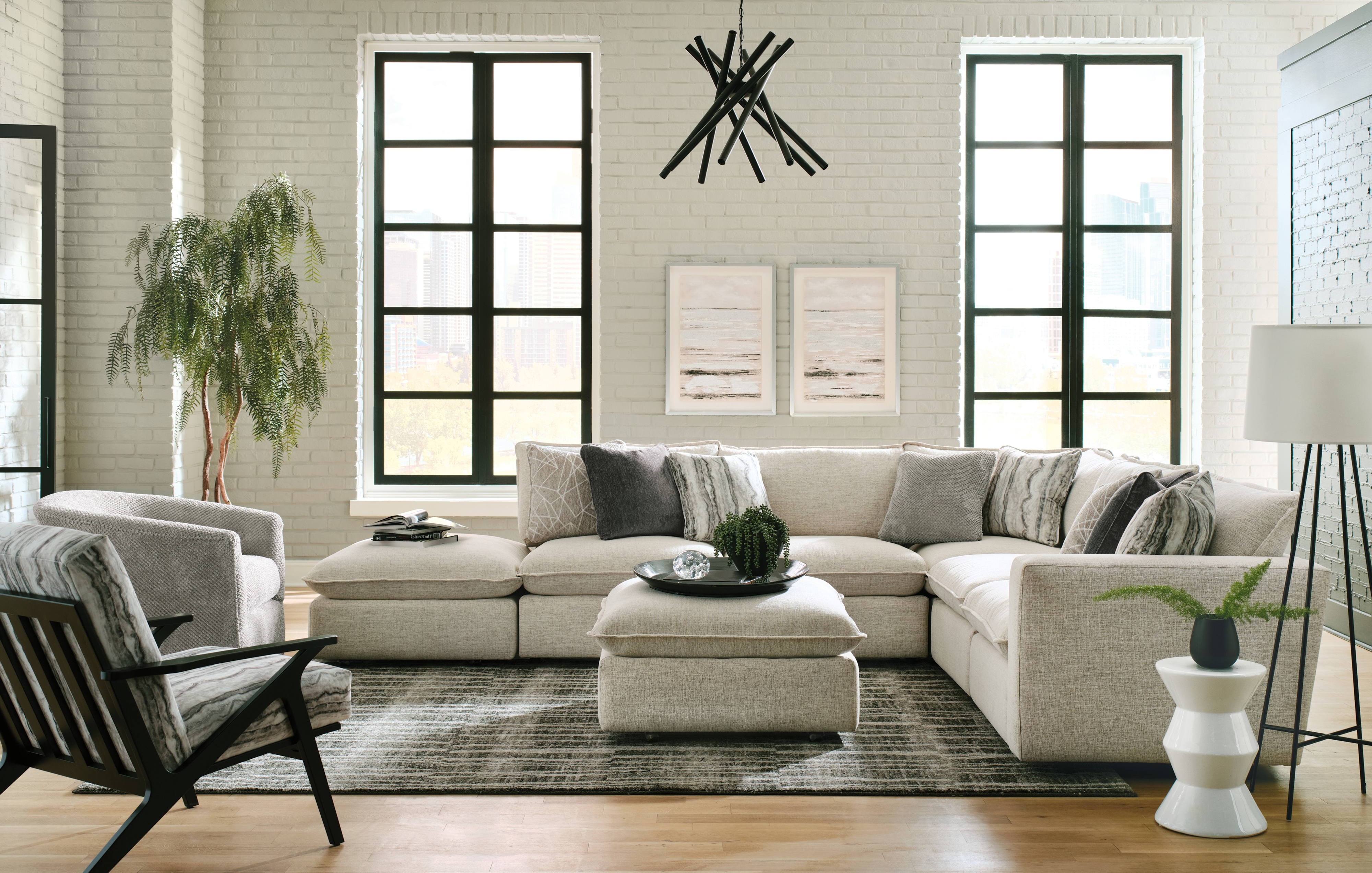 Craftmaster 7127 Sectional w/ Two Bumper Ottomans & RAF Chair