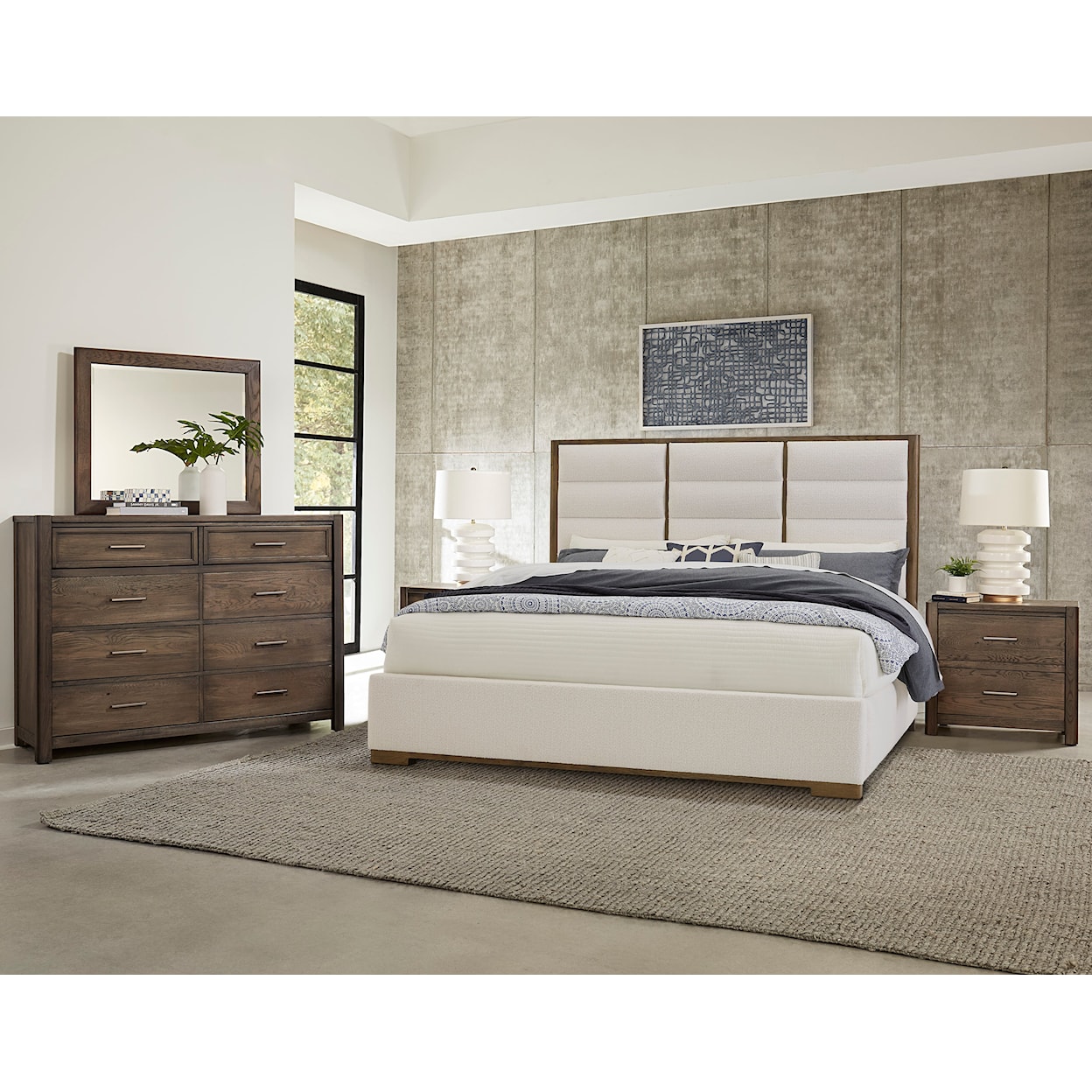 Vaughan Bassett Crafted Oak - Aged Grey Upholstered Queen Panel Bed