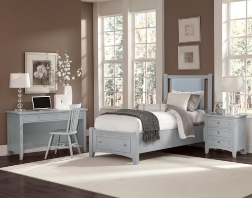 Transitional 4-Piece Blue Upholstered Twin Bedroom Set with Footboard Storage
