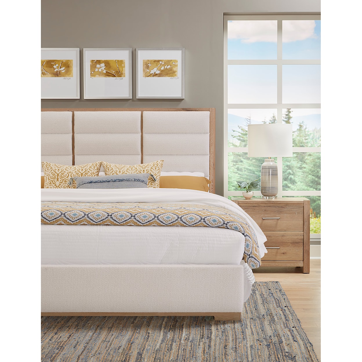 Vaughan Bassett Crafted Oak - Bleached White Upholstered King Panel Bed