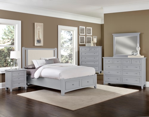 Transitional 5-Piece Grey Upholstered Queen Bedroom Set with Footboard Storage