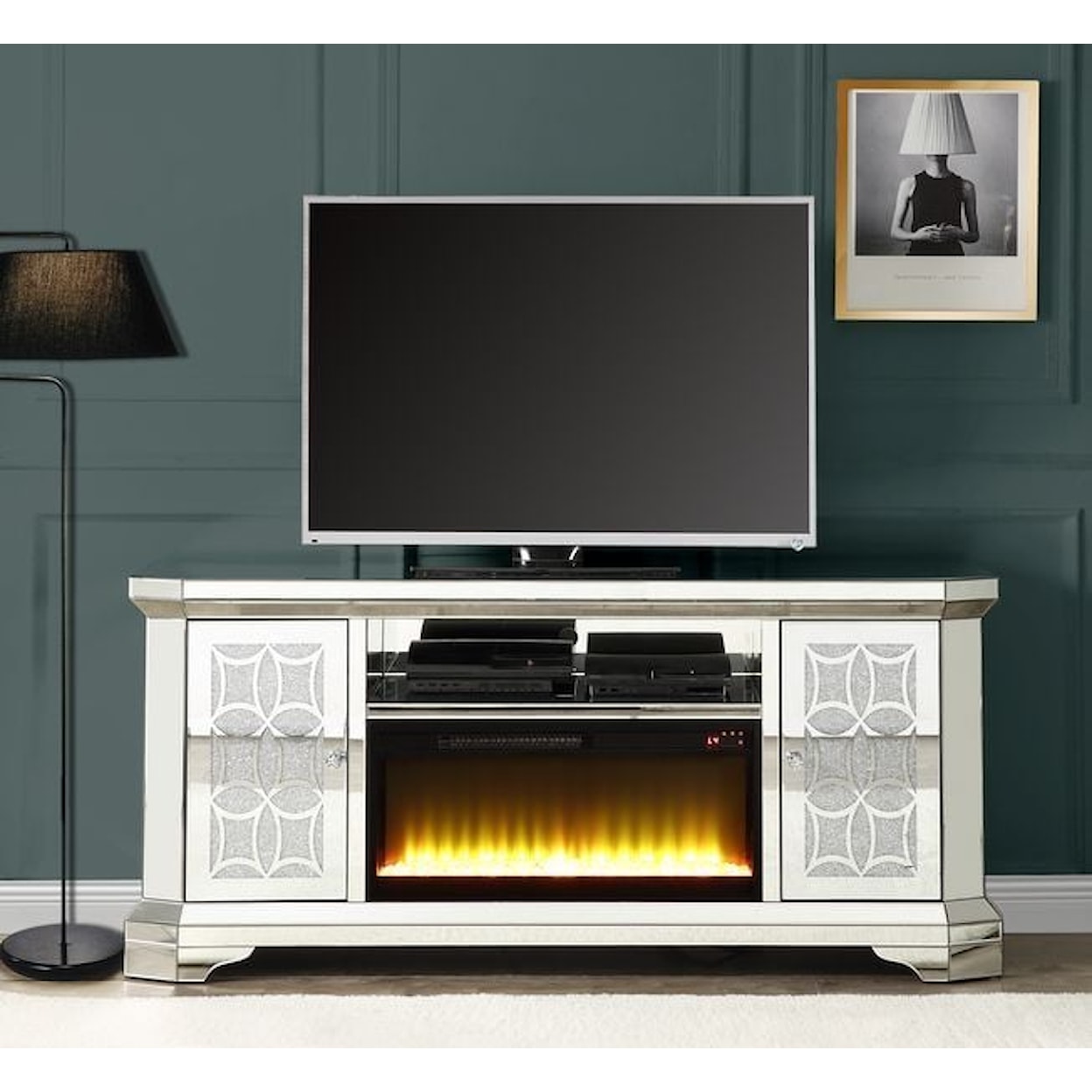 Acme Furniture Noralie 67" CARSON CITY BLING TV STAND & | FIREPLACE