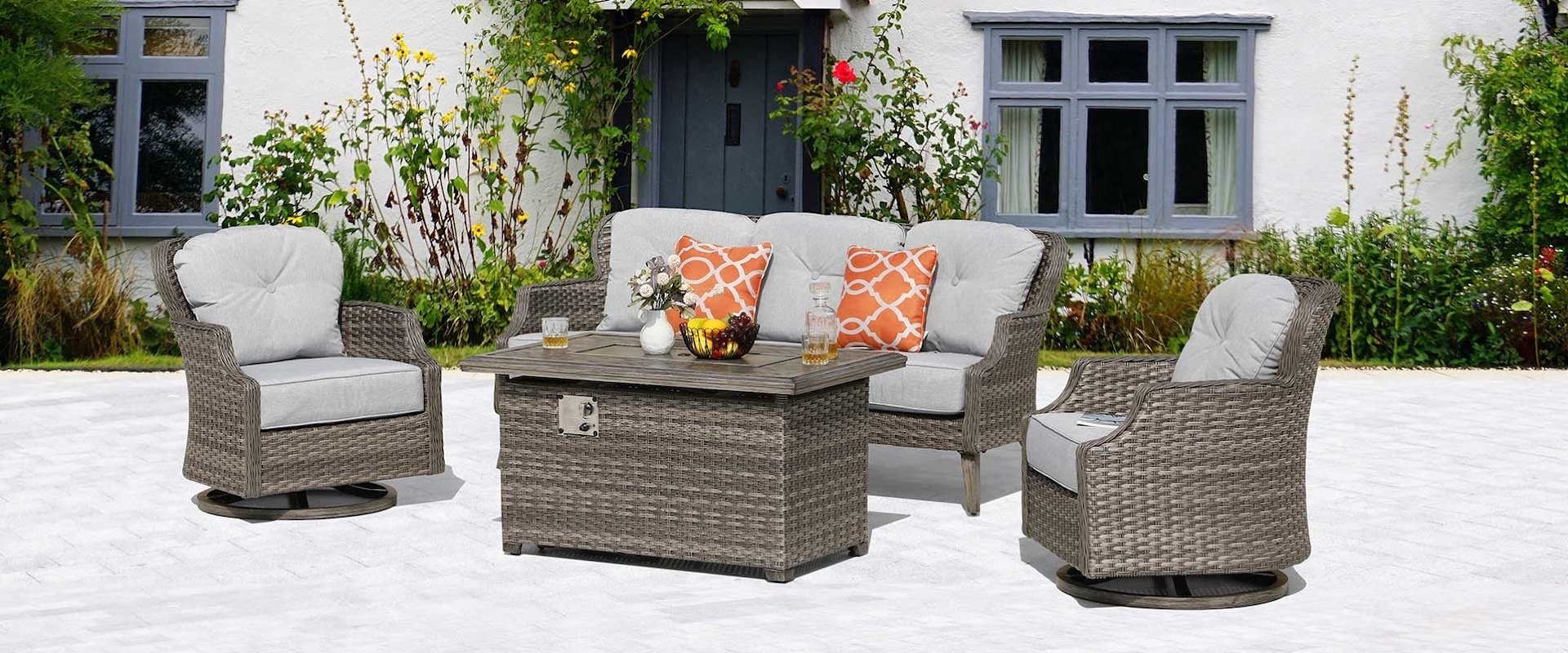 4-Piece Wicker Sofa Set with Swivel Rocking Chairs and Fire Pit Table