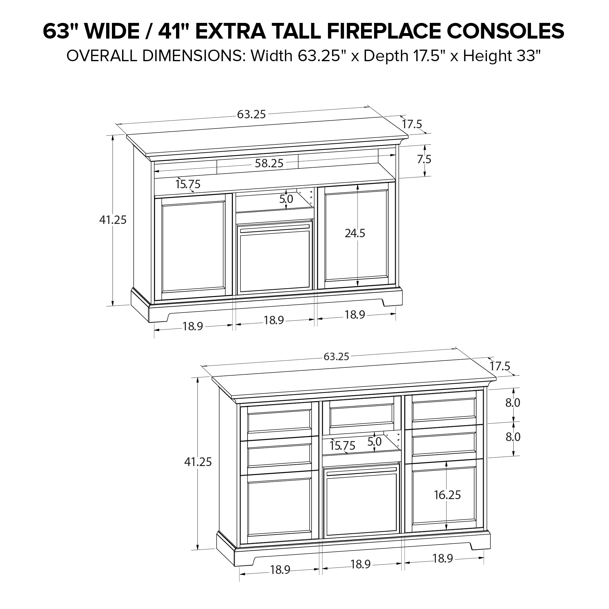 63"Wide/41"Extra Tall Fireplace TV Console