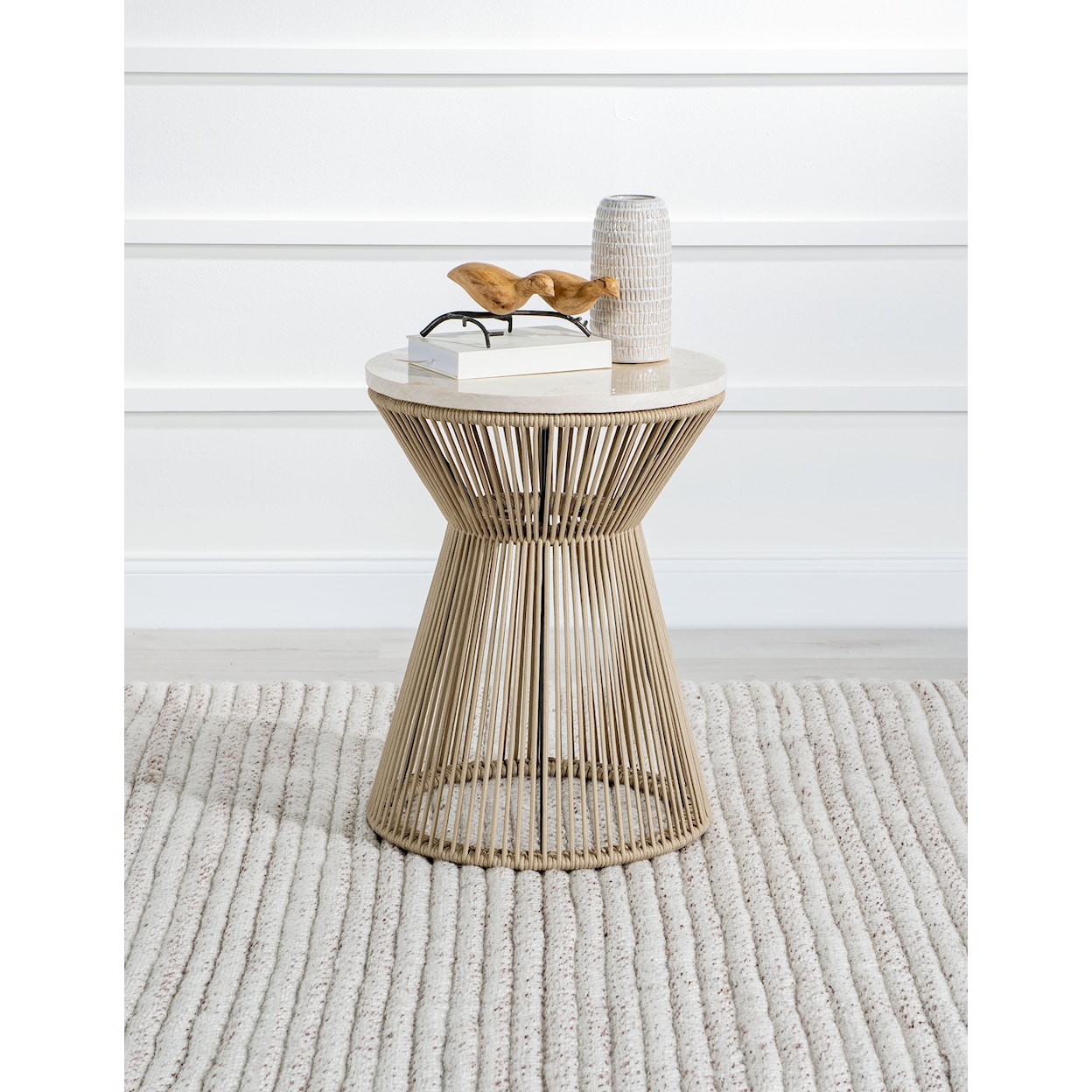 Legacy Classic Biscayne Round Rope End Table with Travertine Top