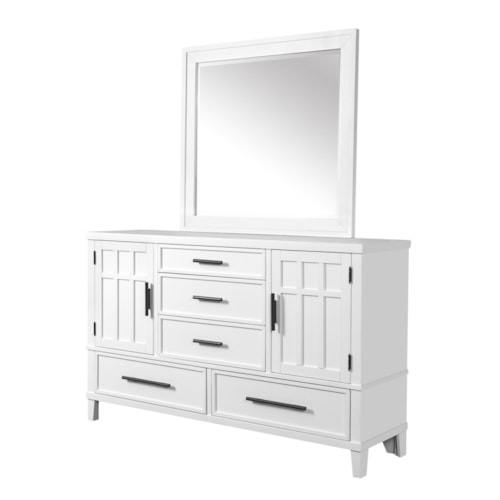 Coastal 5-Drawer Dresser with Doors and Mirror