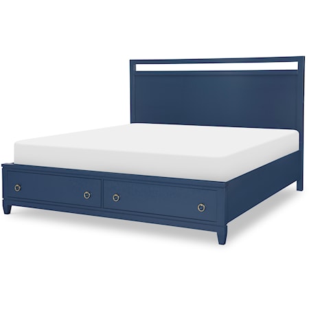 Summerland Queen Panel Bed with Footboard Storage in Inkwell Blue Painted Finish