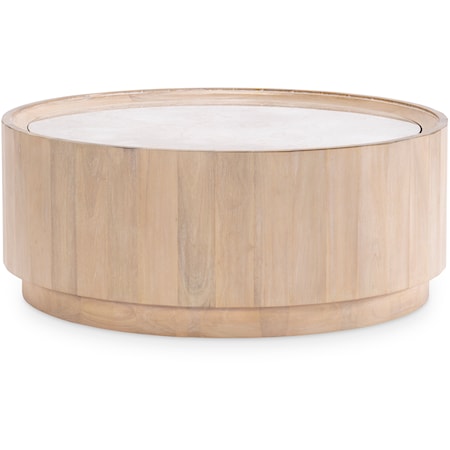 Coastal-Style Round Cocktail Table with Travertine Top