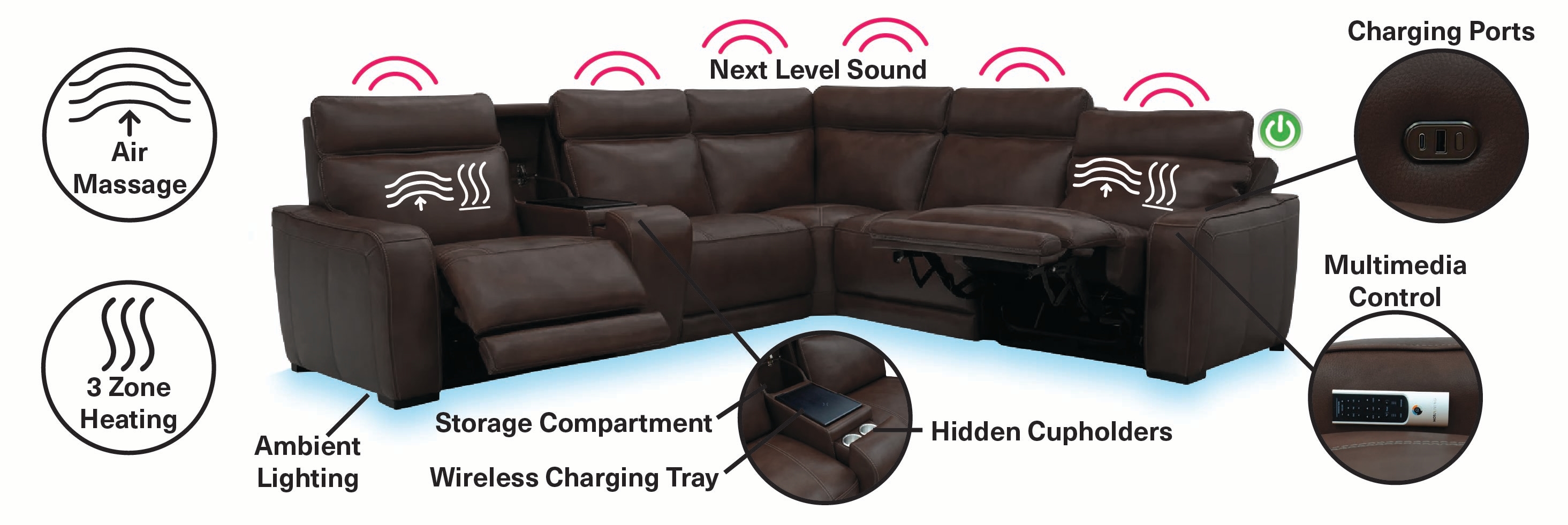 Immersive Sound 6 Piece Leather Sectional