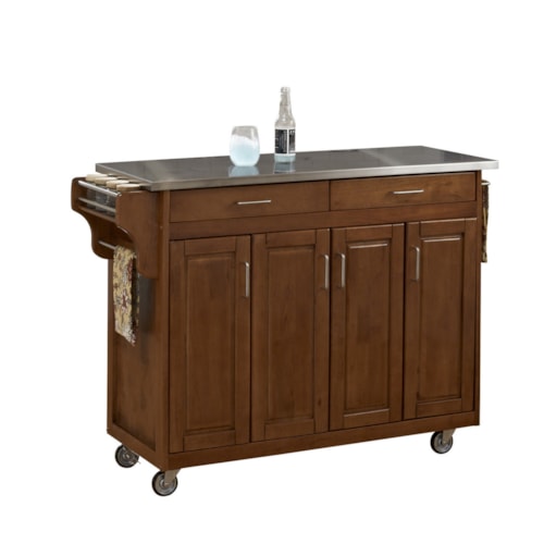 Traditional Kitchen Cart with Cottage Oak Finish and Stainless Steel Top