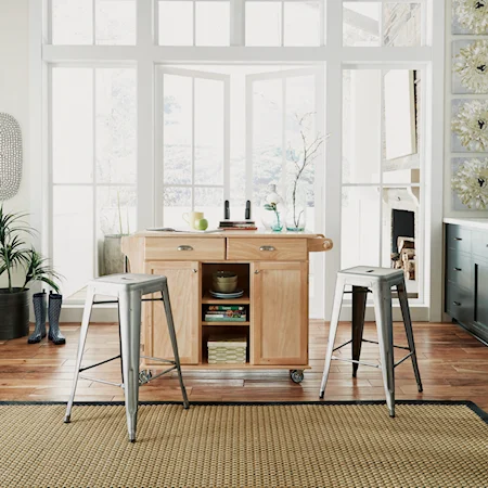 Casual Kitchen Island with Casters and Spice Rack