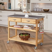 Casual Wood Kitchen Island with Casters and Stainless Steel Top